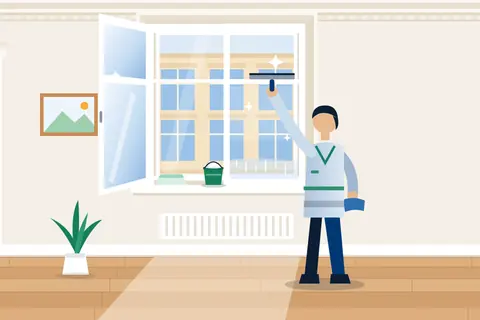Fensterputzer zieht mit dem Abzieher die Scheibe eines hohen Kastenfensters im Berliner Gründerzeitaltbau ab, Rahmen bereits sauber