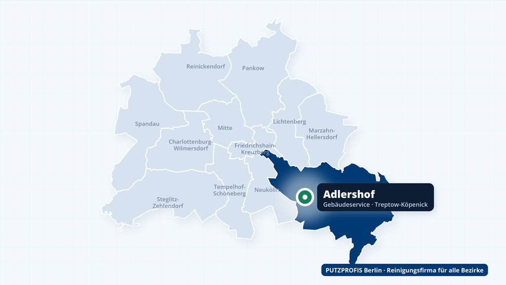 Karte von Berlin mit markiertem Ortsteil Adlershof – Einsatzgebiet der Reinigungsfirma PUTZPROFIS