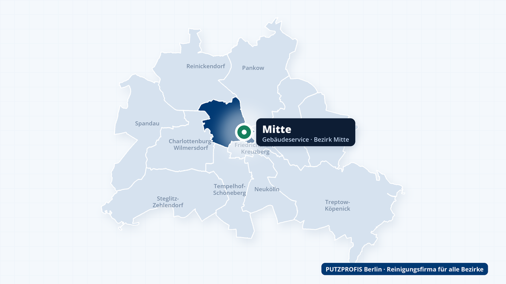 Karte von Berlin mit markiertem Ortsteil Mitte – Einsatzgebiet der Reinigungsfirma PUTZPROFIS