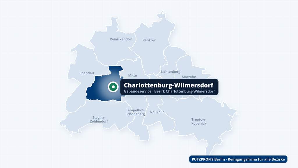 Karte von Berlin mit markiertem Bezirk Charlottenburg-Wilmersdorf – Einsatzgebiet der Reinigungsfirma PUTZPROFIS