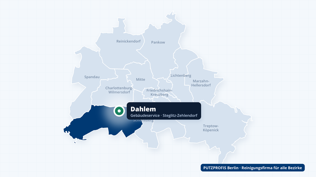 Karte von Berlin mit markiertem Ortsteil Dahlem im Bezirk Steglitz-Zehlendorf – Einsatzgebiet von PUTZPROFIS