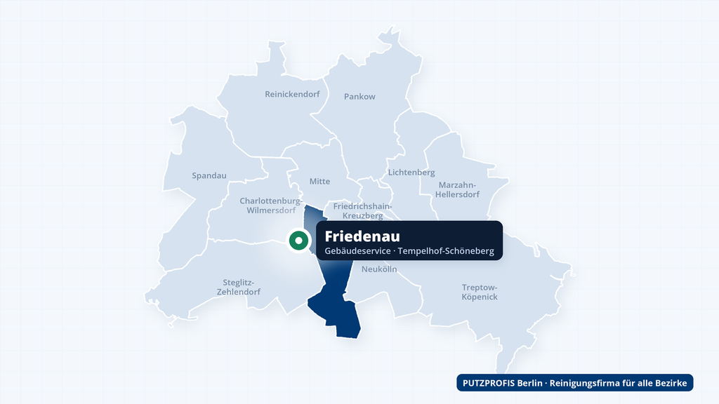 Karte von Berlin mit markiertem Ortsteil Friedenau – Einsatzgebiet der Reinigungsfirma PUTZPROFIS