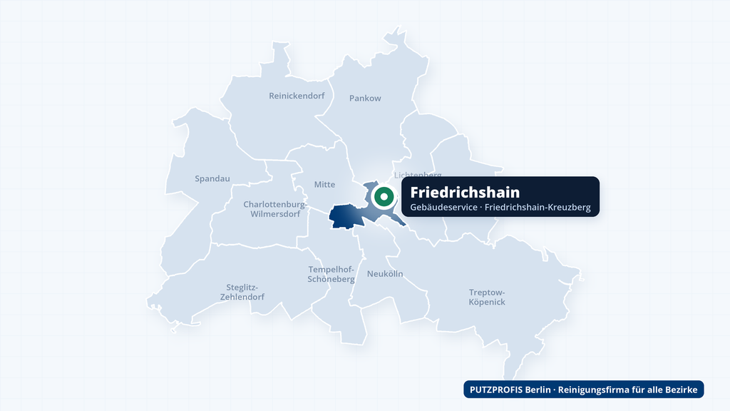 Karte von Berlin mit markiertem Ortsteil Friedrichshain – Einsatzgebiet der Reinigungsfirma PUTZPROFIS