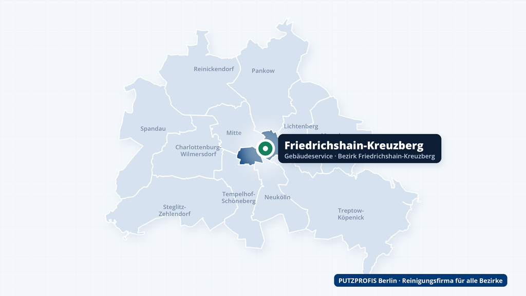 Karte von Berlin mit markiertem Bezirk Friedrichshain-Kreuzberg – Einsatzgebiet der Reinigungsfirma PUTZPROFIS
