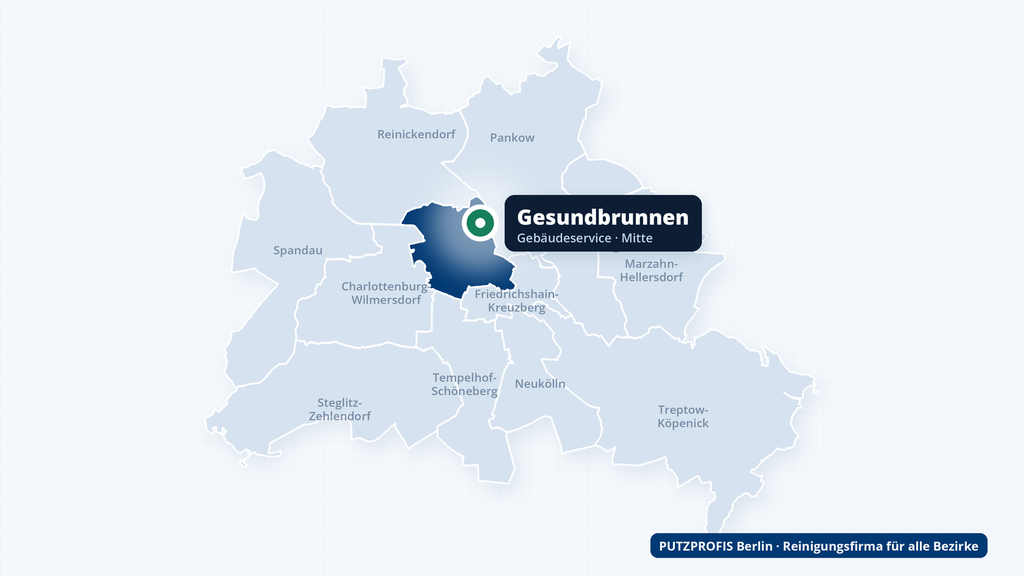 Karte von Berlin mit markiertem Ortsteil Gesundbrunnen – Einsatzgebiet der Reinigungsfirma PUTZPROFIS
