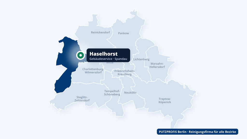 Karte von Berlin mit markiertem Ortsteil Haselhorst im Bezirk Spandau – Einsatzgebiet von PUTZPROFIS