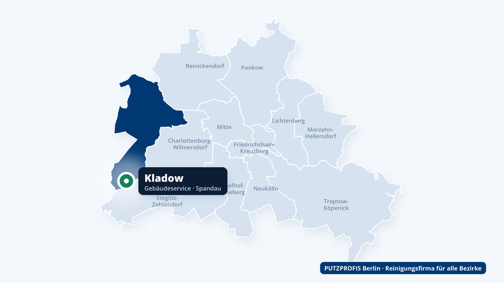 Karte von Berlin mit markiertem Ortsteil Kladow im Bezirk Spandau – Einsatzgebiet von PUTZPROFIS