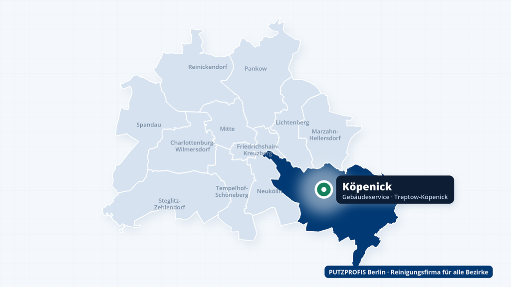 Karte von Berlin mit markiertem Ortsteil Köpenick – Einsatzgebiet der Reinigungsfirma PUTZPROFIS