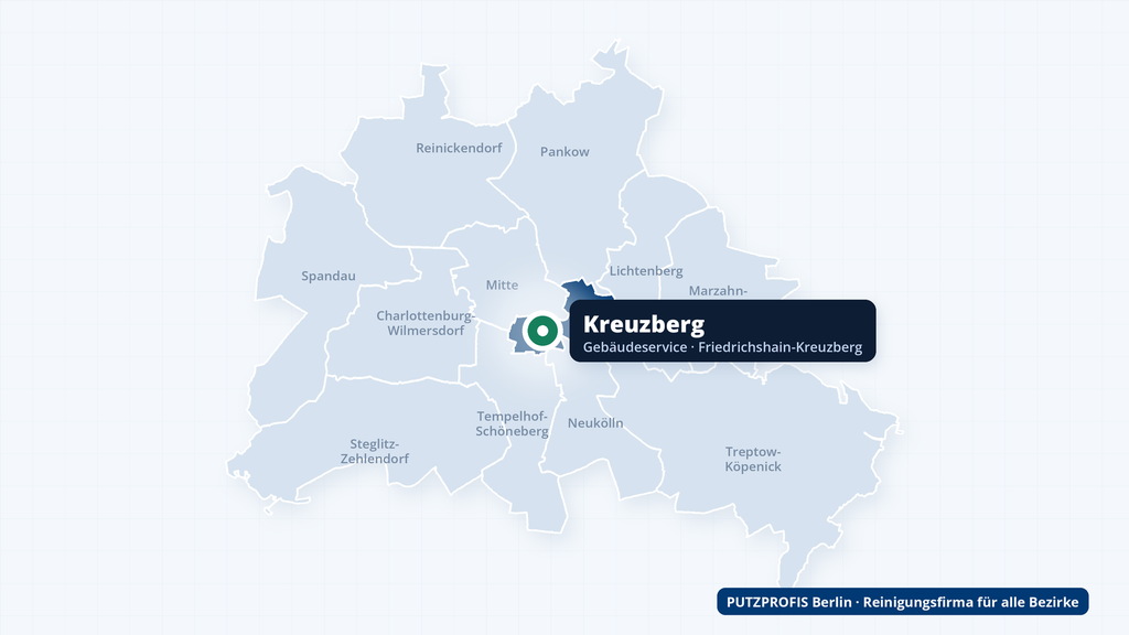 Karte von Berlin mit markiertem Ortsteil Kreuzberg – Einsatzgebiet der Reinigungsfirma PUTZPROFIS