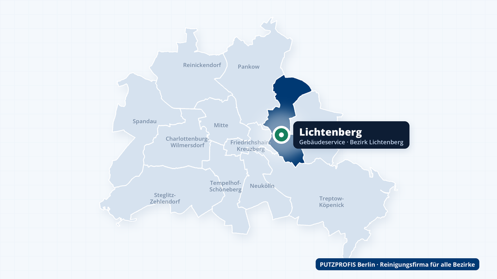 Karte von Berlin mit markiertem Ortsteil Lichtenberg – Einsatzgebiet der Reinigungsfirma PUTZPROFIS