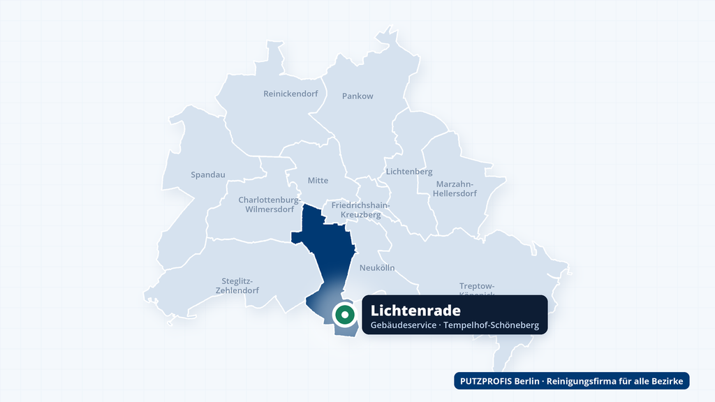 Karte von Berlin mit markiertem Ortsteil Lichtenrade im Bezirk Tempelhof-Schöneberg – Einsatzgebiet von PUTZPROFIS