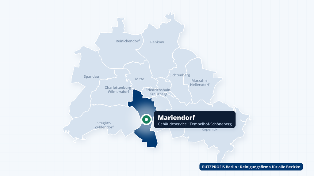 Karte von Berlin mit markiertem Ortsteil Mariendorf im Bezirk Tempelhof-Schöneberg – Einsatzgebiet von PUTZPROFIS