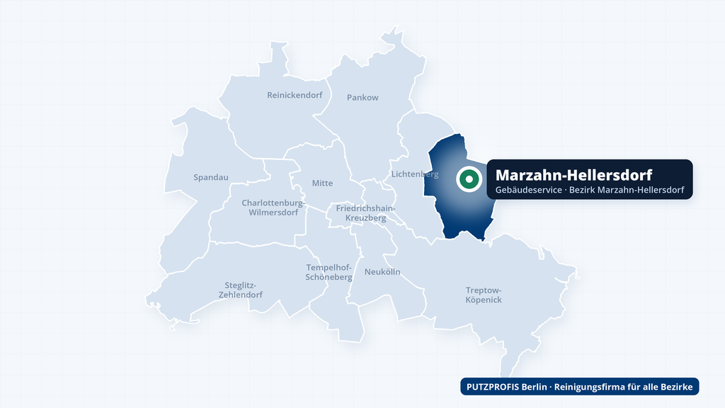 Karte von Berlin mit hervorgehobenem Bezirk Marzahn-Hellersdorf – Einsatzgebiet der Reinigungsfirma PUTZPROFIS