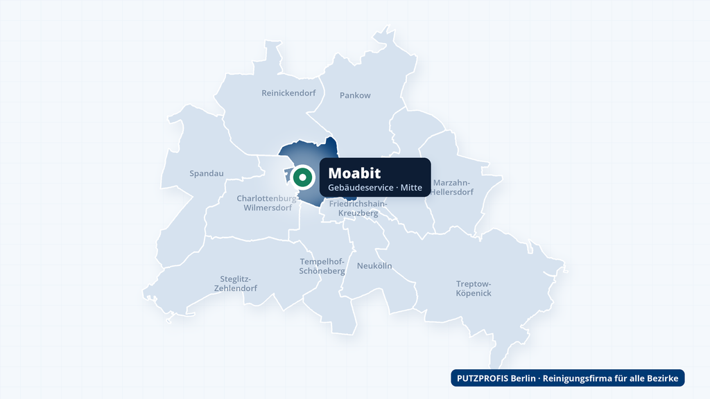 Karte von Berlin mit markiertem Ortsteil Moabit – Einsatzgebiet der Reinigungsfirma PUTZPROFIS