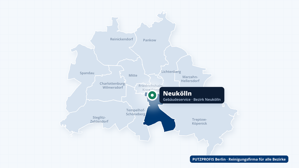 Karte von Berlin mit markiertem Ortsteil Neukölln – Einsatzgebiet der Reinigungsfirma PUTZPROFIS