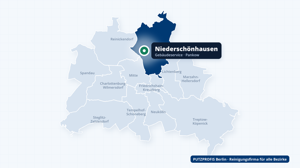 Karte von Berlin mit markiertem Ortsteil Niederschönhausen im Bezirk Pankow – Einsatzgebiet der Reinigungsfirma PUTZPROFIS