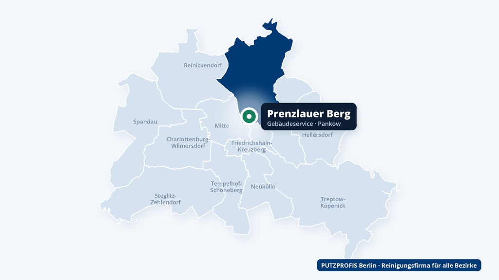 Karte von Berlin mit markiertem Ortsteil Prenzlauer Berg – Einsatzgebiet der Reinigungsfirma PUTZPROFIS