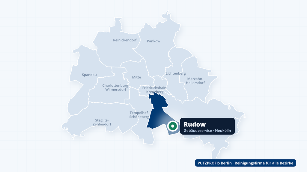 Karte von Berlin mit markiertem Ortsteil Rudow im Bezirk Neukölln – Einsatzgebiet von PUTZPROFIS