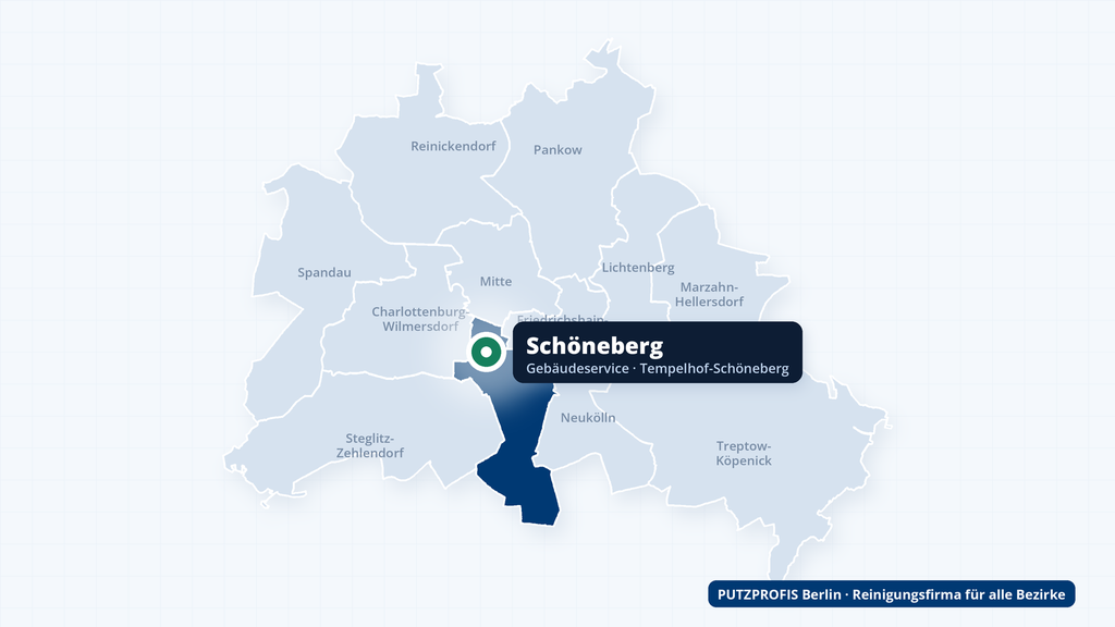 Karte von Berlin mit markiertem Ortsteil Schöneberg – Einsatzgebiet der Reinigungsfirma PUTZPROFIS