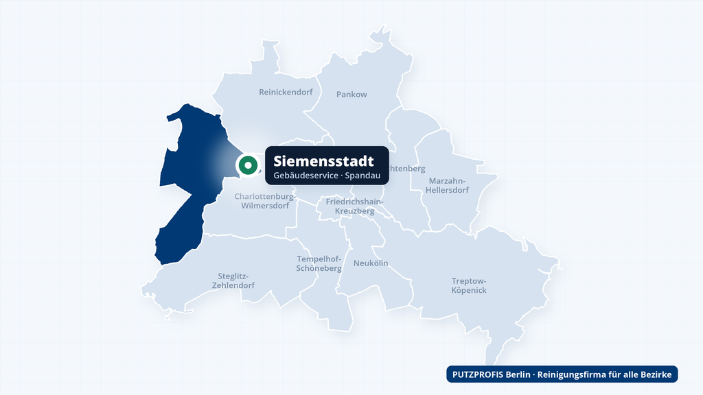 Karte von Berlin mit markiertem Ortsteil Siemensstadt im Bezirk Spandau – Einsatzgebiet von PUTZPROFIS