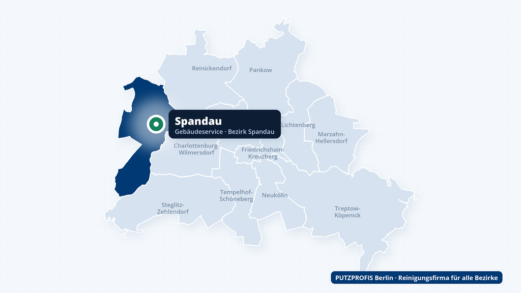 Karte von Berlin mit markiertem Ortsteil Spandau – Einsatzgebiet der Reinigungsfirma PUTZPROFIS