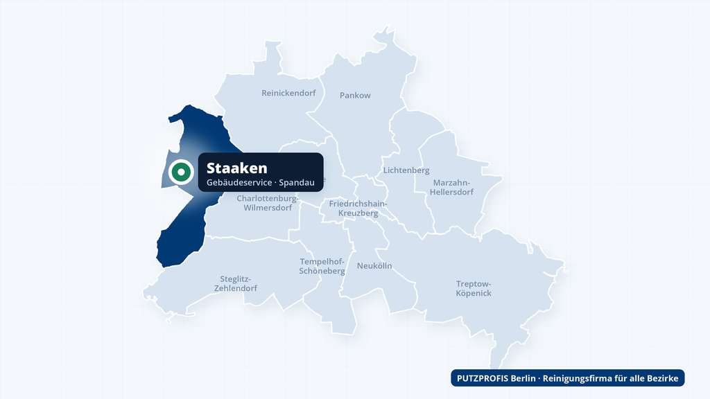Karte von Berlin mit markiertem Ortsteil Staaken im Bezirk Spandau – Einsatzgebiet der Reinigungsfirma PUTZPROFIS