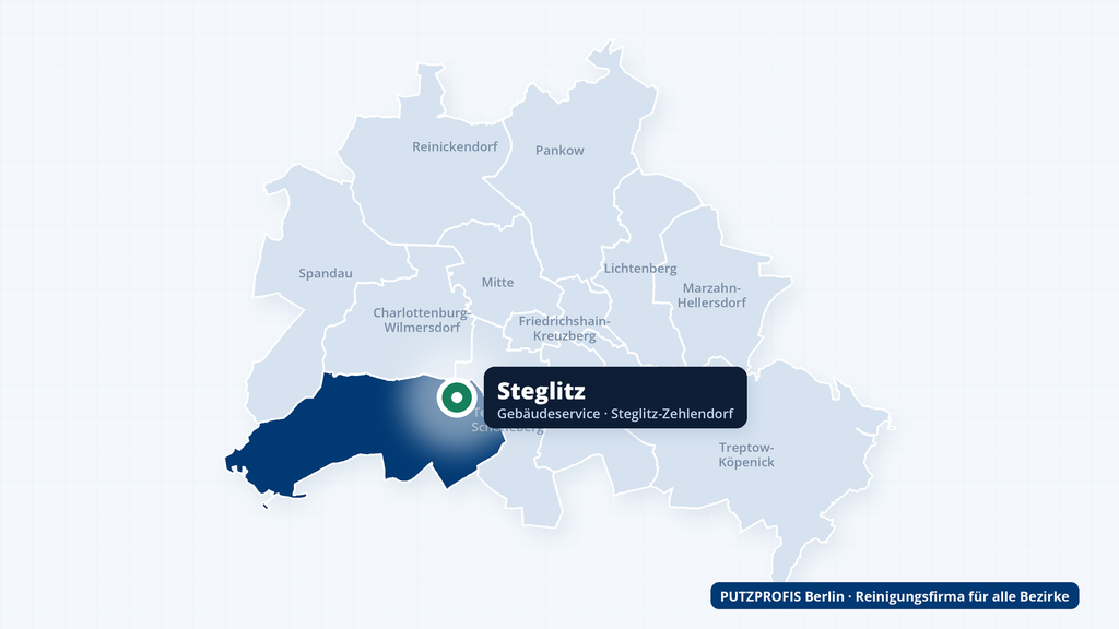 Karte von Berlin mit markiertem Ortsteil Steglitz – Einsatzgebiet der Reinigungsfirma PUTZPROFIS