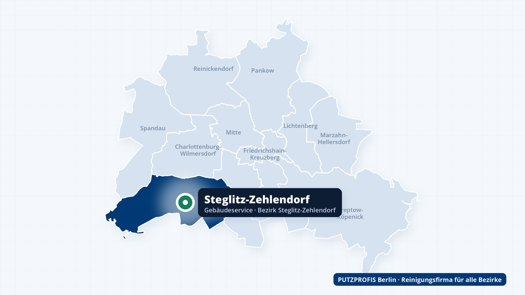 Karte von Berlin mit markiertem Bezirk Steglitz-Zehlendorf – Einsatzgebiet der Reinigungsfirma PUTZPROFIS