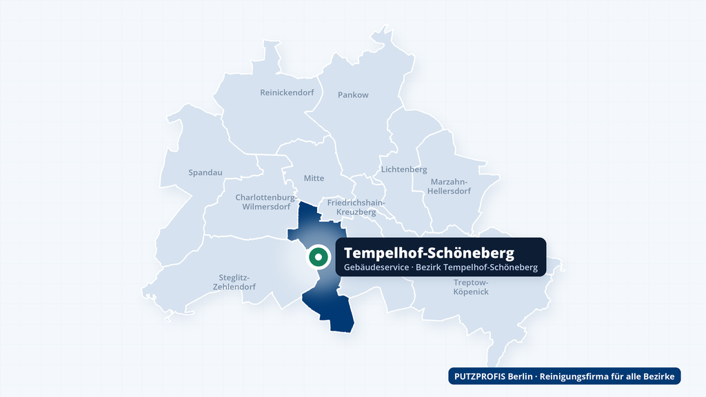 Karte von Berlin mit markiertem Bezirk Tempelhof-Schöneberg – Einsatzgebiet der Reinigungsfirma PUTZPROFIS