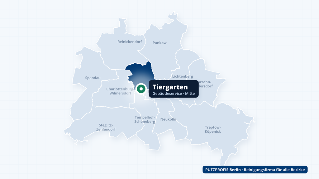 Karte von Berlin mit markiertem Ortsteil Tiergarten – Einsatzgebiet der Reinigungsfirma PUTZPROFIS