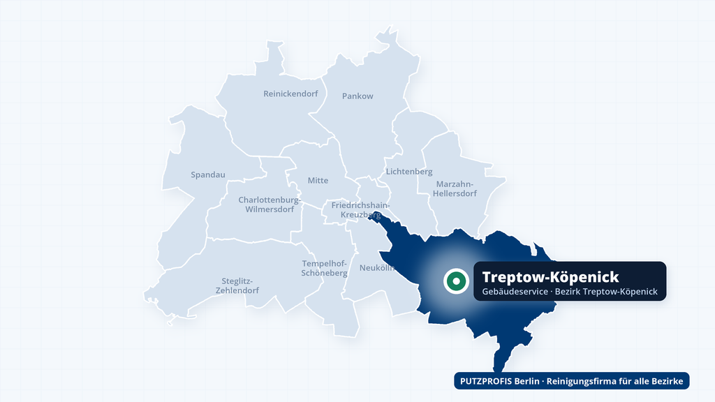 Karte von Berlin mit hervorgehobenem Bezirk Treptow-Köpenick – Einsatzgebiet der Reinigungsfirma PUTZPROFIS