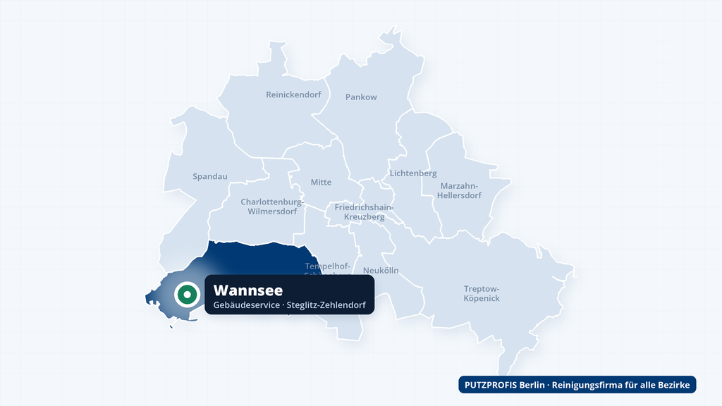 Karte von Berlin mit markiertem Ortsteil Wannsee im Bezirk Steglitz-Zehlendorf – Einsatzgebiet von PUTZPROFIS