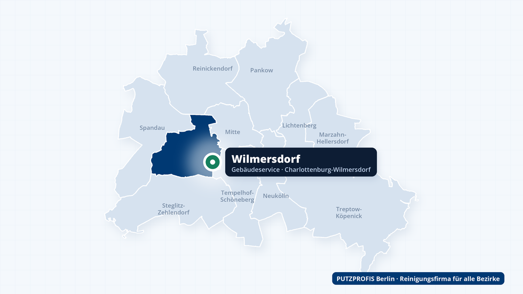 Karte von Berlin mit markiertem Ortsteil Wilmersdorf – Einsatzgebiet der Reinigungsfirma PUTZPROFIS