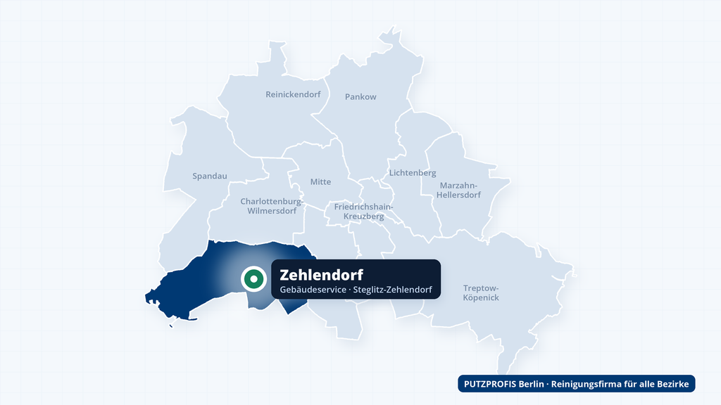 Karte von Berlin mit markiertem Ortsteil Zehlendorf – Einsatzgebiet der Reinigungsfirma PUTZPROFIS