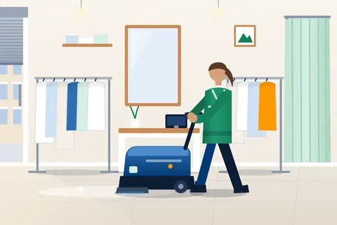 Reinigungskraft fährt am frühen Morgen mit einer kompakten Scheuersaugmaschine durch eine helle Boutique mit Kleiderstangen